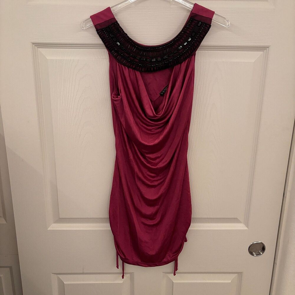 Venus Magenta Pink Beaded Neck Cowl Ruched Drawstring Mini Bodycon Dress Size M